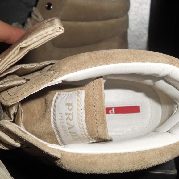PRADA Beige Suede Ribbon High Top Metallic Cap Toe Lace Up Sneakers Shoes - Picture 11 of 14